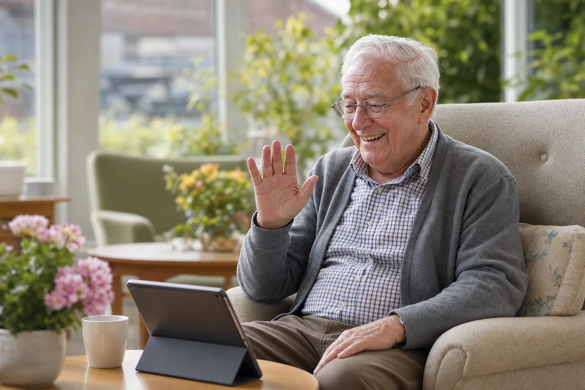 Resident having a video call with family through the CareStead family portal