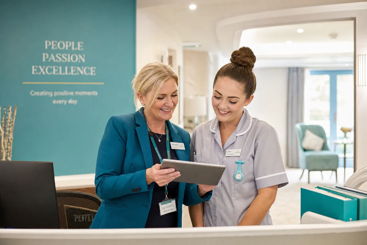 Care home manager and carer reviewing records together on a tablet